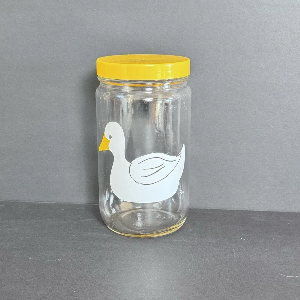 Vintage Clear Glass Jar Canister Duck Theme Print Yellow Lid No‎ Fading No Dmg
